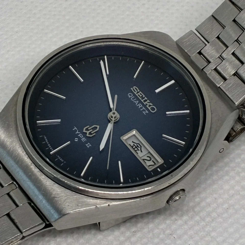 Vintage Seiko Type II 8223-701D Blue Dial Quartz Men's Watch 35mm - NEW CRYSTAL!